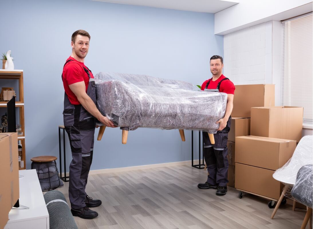Umzugshelfer transportieren eine verpackte Couch